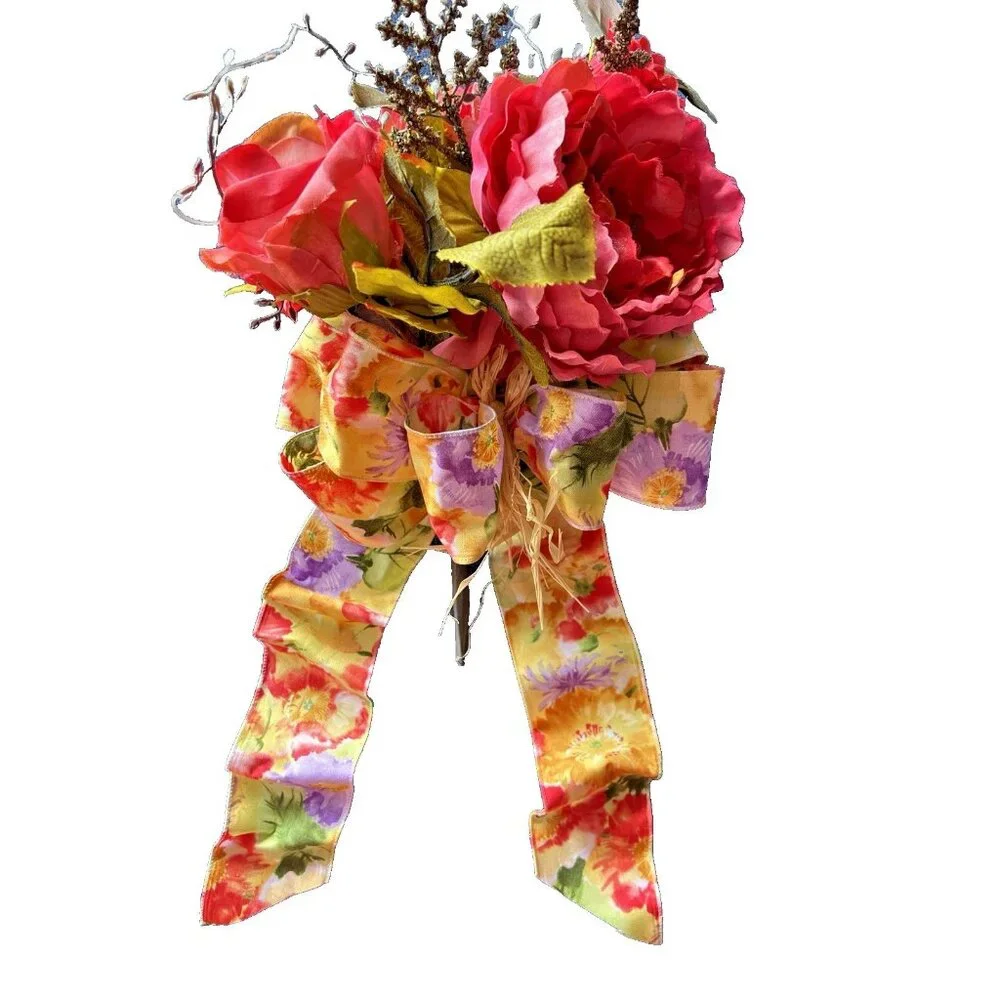 SPRING Flower BOUQUET Handmade Bow Coral Red Yellow Purple Peony Rose Zinnia